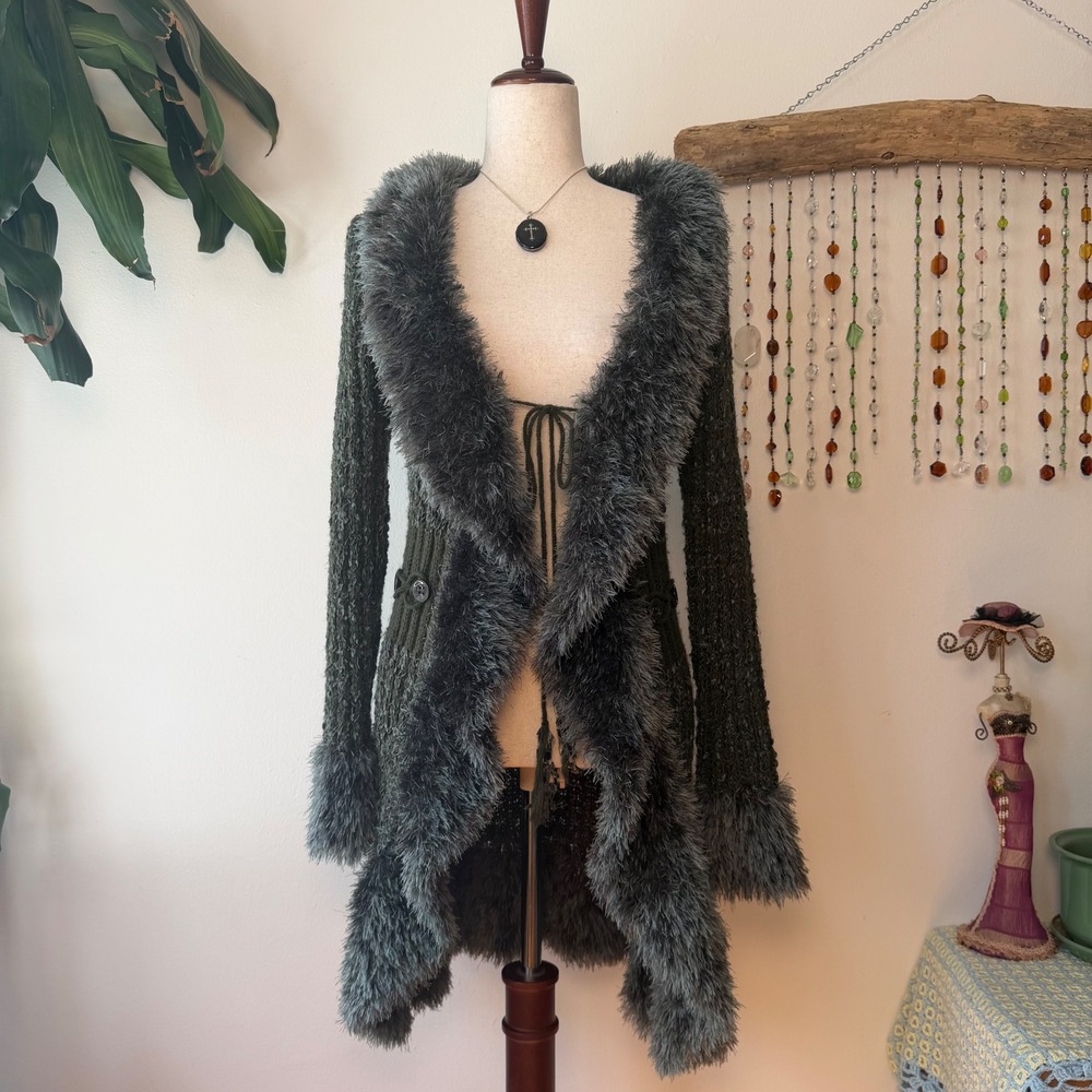 Shana K Green Faux Fur Trim Ruffle Cardigan Y2K Whimsigoth Fairycore Boho Femme